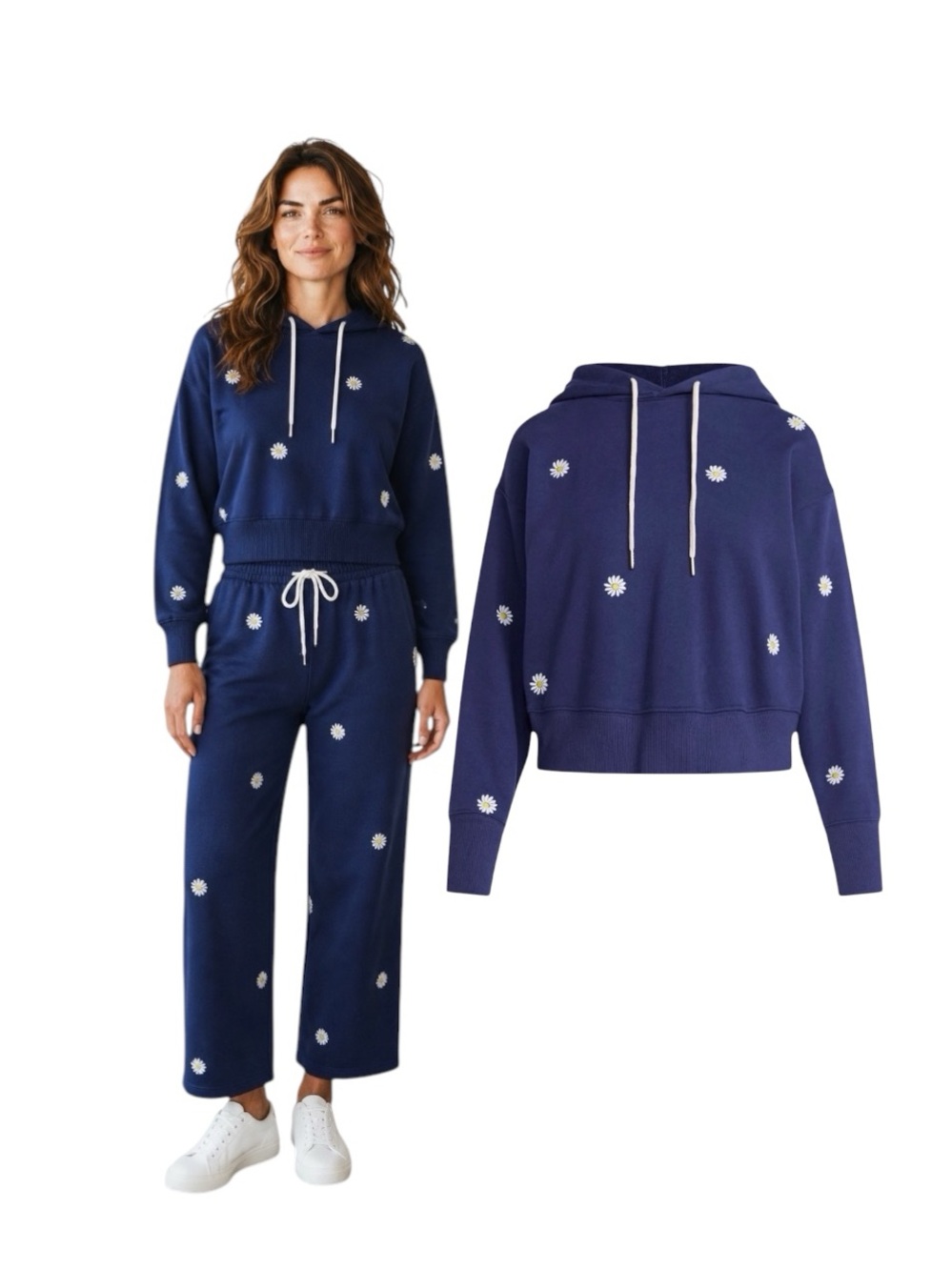 Free Assembly Navy Embroidered Daises Cropped Hoodie Sweatshirt with Drawstring